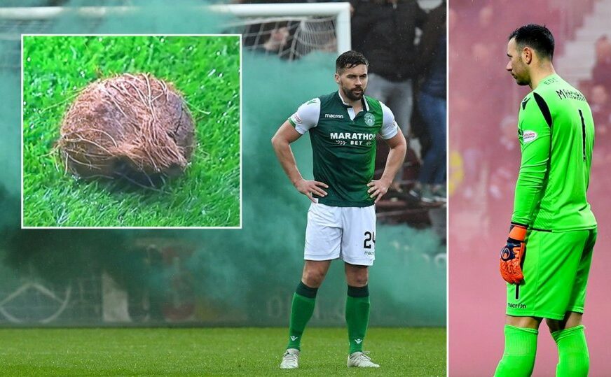 HAOS U ŠKOTSKOJ Meč Harts - Hibernijan kasnio zbog pirotehnike, kokos ubačen u teren