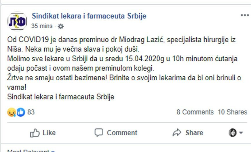 Foto: Sidnikat ljekara i farmaceuta Srbije/Facebook