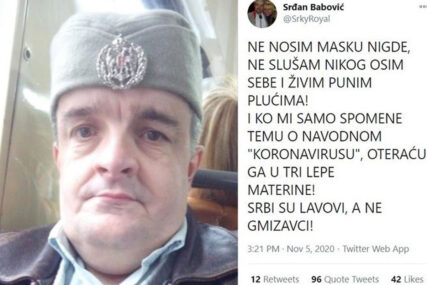 "MASKU NE NOSIM, SRBI SU LAVOVI, NE GMIZAVCI" Srđanova objava na Tviteru izazvala je lavinu reakcija (FOTO)