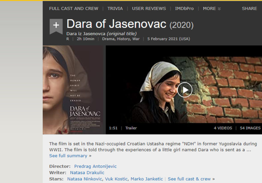 Filmska platforma IMDB uklonila mogućnost ocjenjivanja filma "Dara iz Jasenovca"