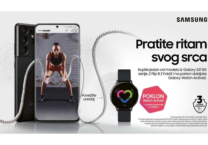 PRATITE RITAM SVOG SRCA Uz kupljeni telefon iz Samsung S21 serije, Z Flip ili Z Fold2 dobijate tri godine garancije i na poklon Galaxy Watch Active2