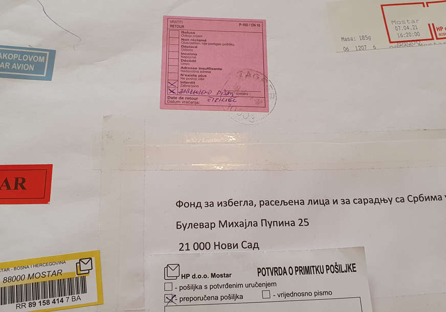 “Hrvatske pošte" iz Mostara odgovorile: Naziv države i grada mora biti napisan latinicom
