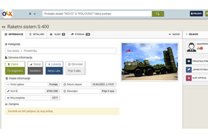 "Može li zamjena za golf 2" Banjalučanin na internetu "prodaje" ruski raketni sistem S-400