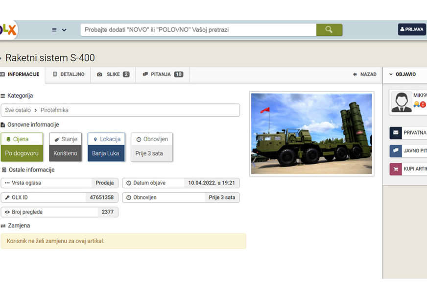 "Može li zamjena za golf 2" Banjalučanin na internetu "prodaje" ruski raketni sistem S-400