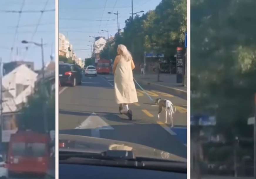 Snimak pokrenuo buru: Žena se vozi ulicom na električnom trotinetu, dok pas na uzici trči pored nje (VIDEO)