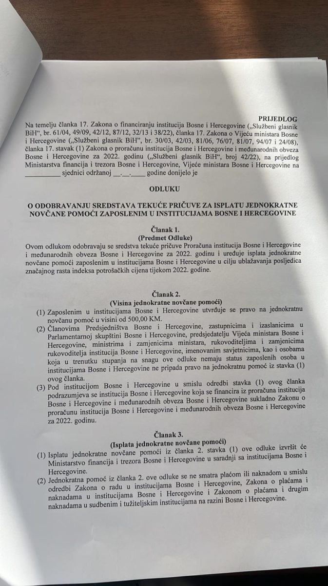 Prijedlog odluke o jednokratnoj pomoći zaposlenima u institucijama BiH
