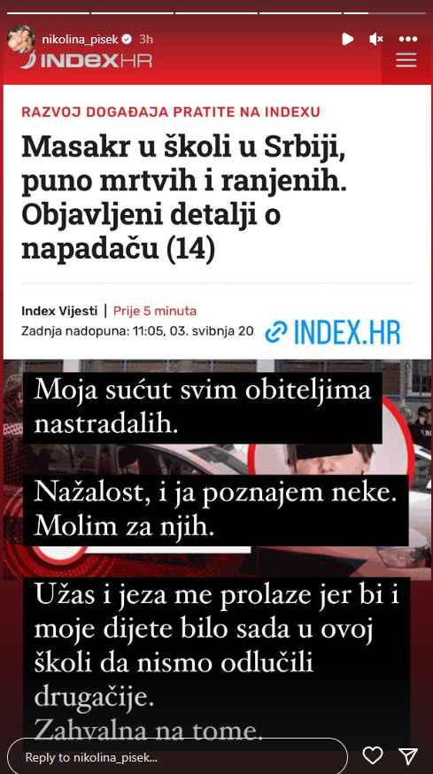 Nikolina Pišek se oglasila povodom pucnjave u osnovnoj školi na Vračaru
