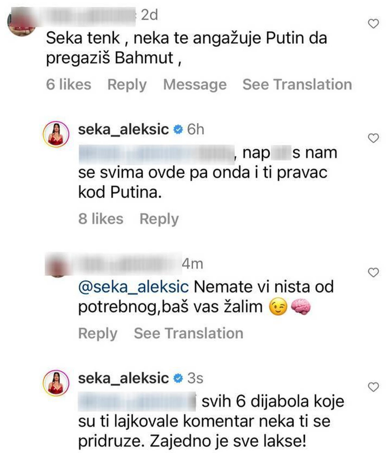 Seka Aleksić komentari na Instagramu
