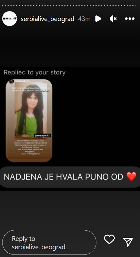 Pronađena djevojka Sanja K. iz Zemuna