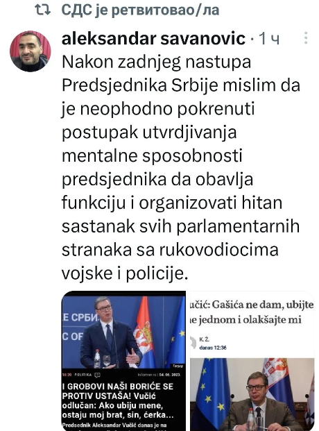 SDS na Tviteru retvitovao oštru kritiku Vučića