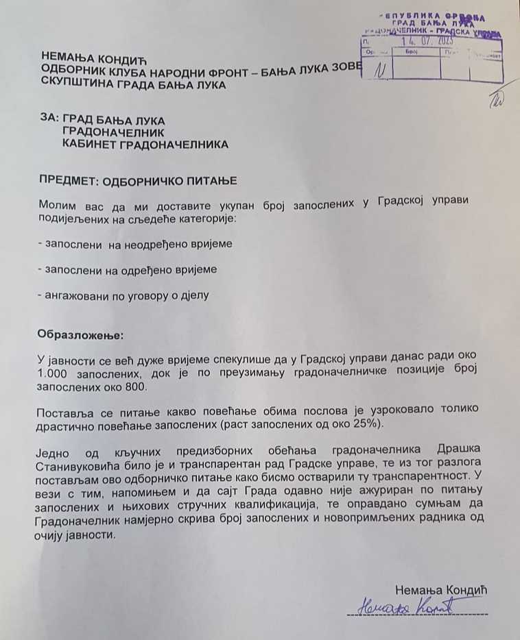 Nemanja Kondić, odborroničko pitanje