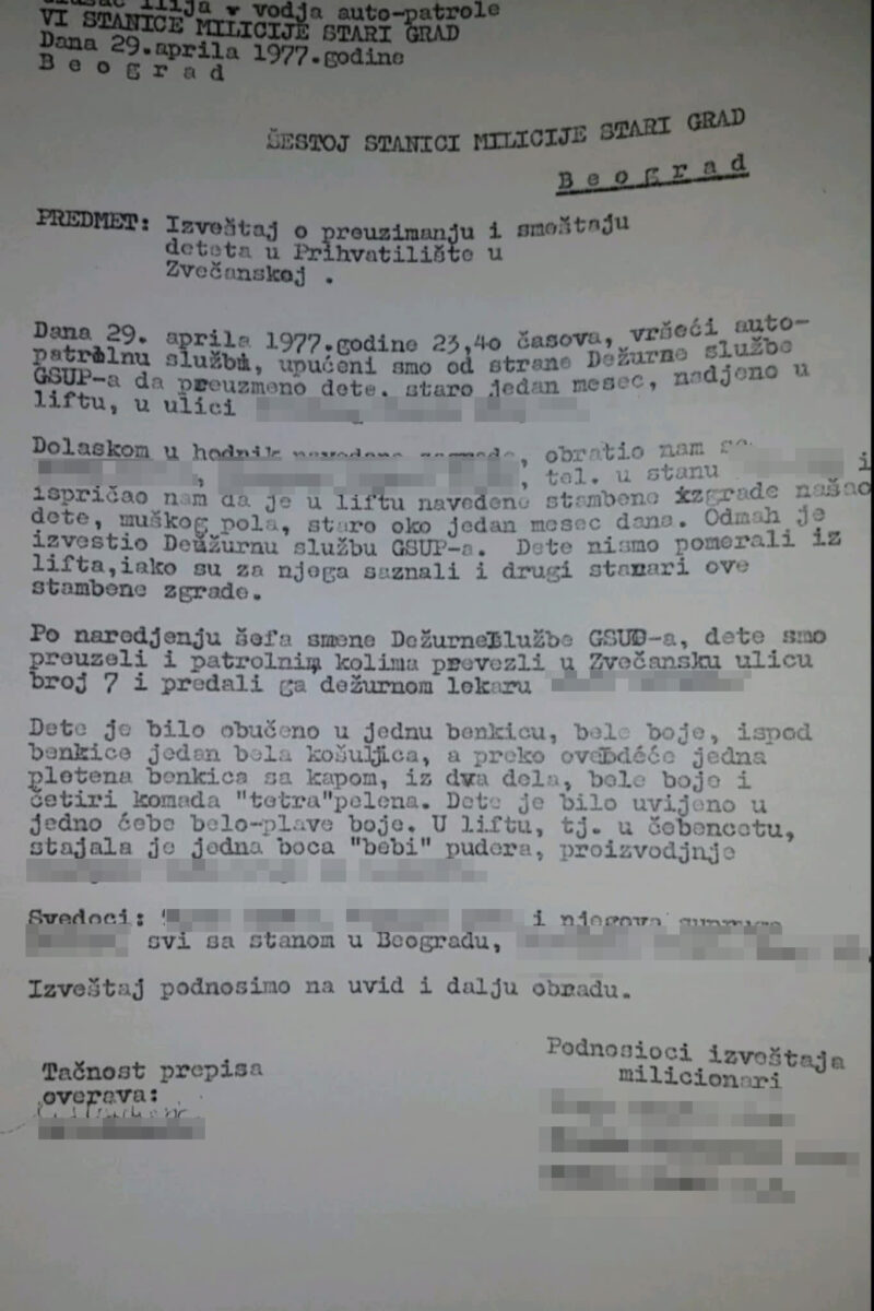 Milan Popović, izvještaj koji je napisan kad je pronađen kao beba