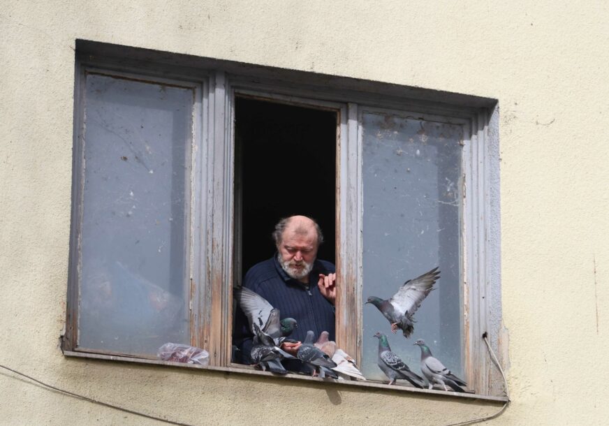 čovjek hrani golubove na prozoru