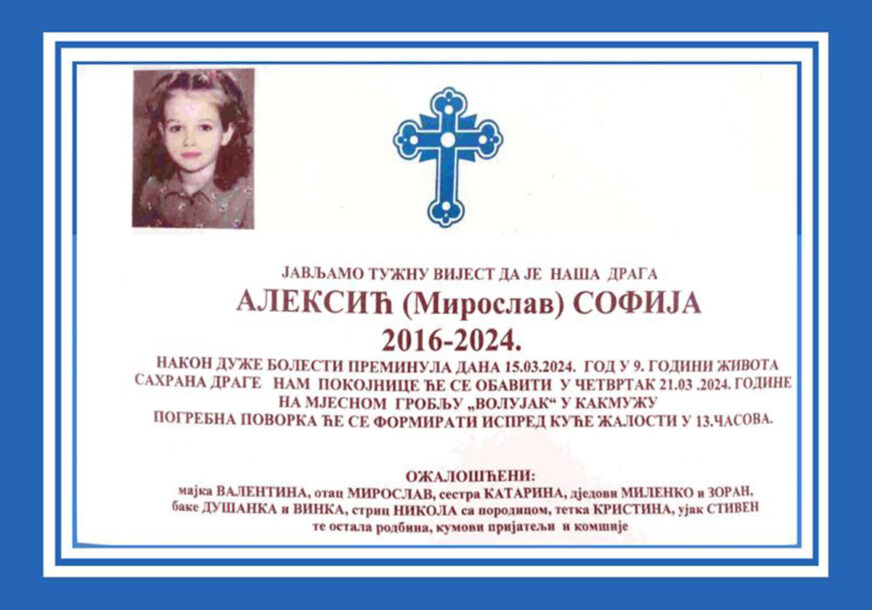 HRABRO SRCE NIJE IZDRŽALO Preminula Sofija Aleksić (9), djevojčica bolovala od leukemije