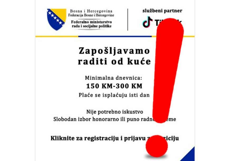 Nije potrebno iskustvo, RAD OD KUĆE i plata se isplaćuje isti dan: Federalno ministarstvo rada upozorilo na LAŽNI OGLAS koji se plasira građanima BiH