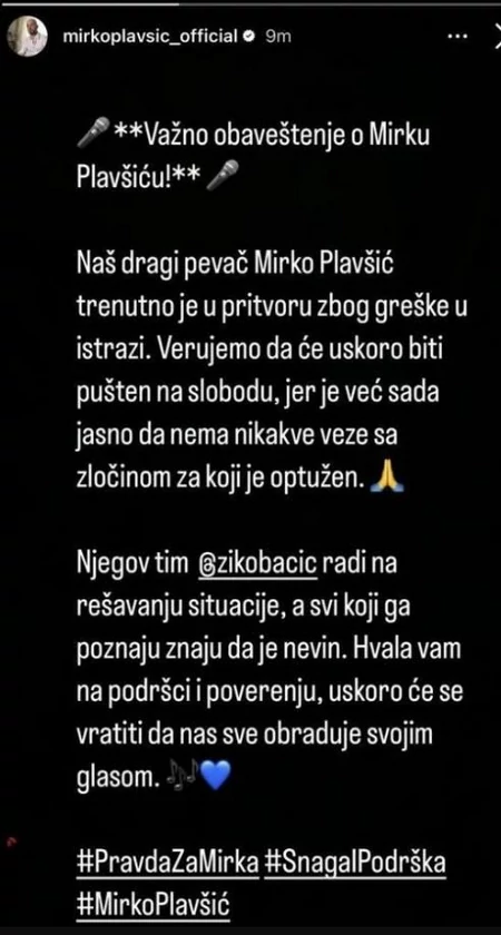 FOTO: MIRKOPLAVSIC_OFFICIAL/INSTAGRAM/SCREENSHOT