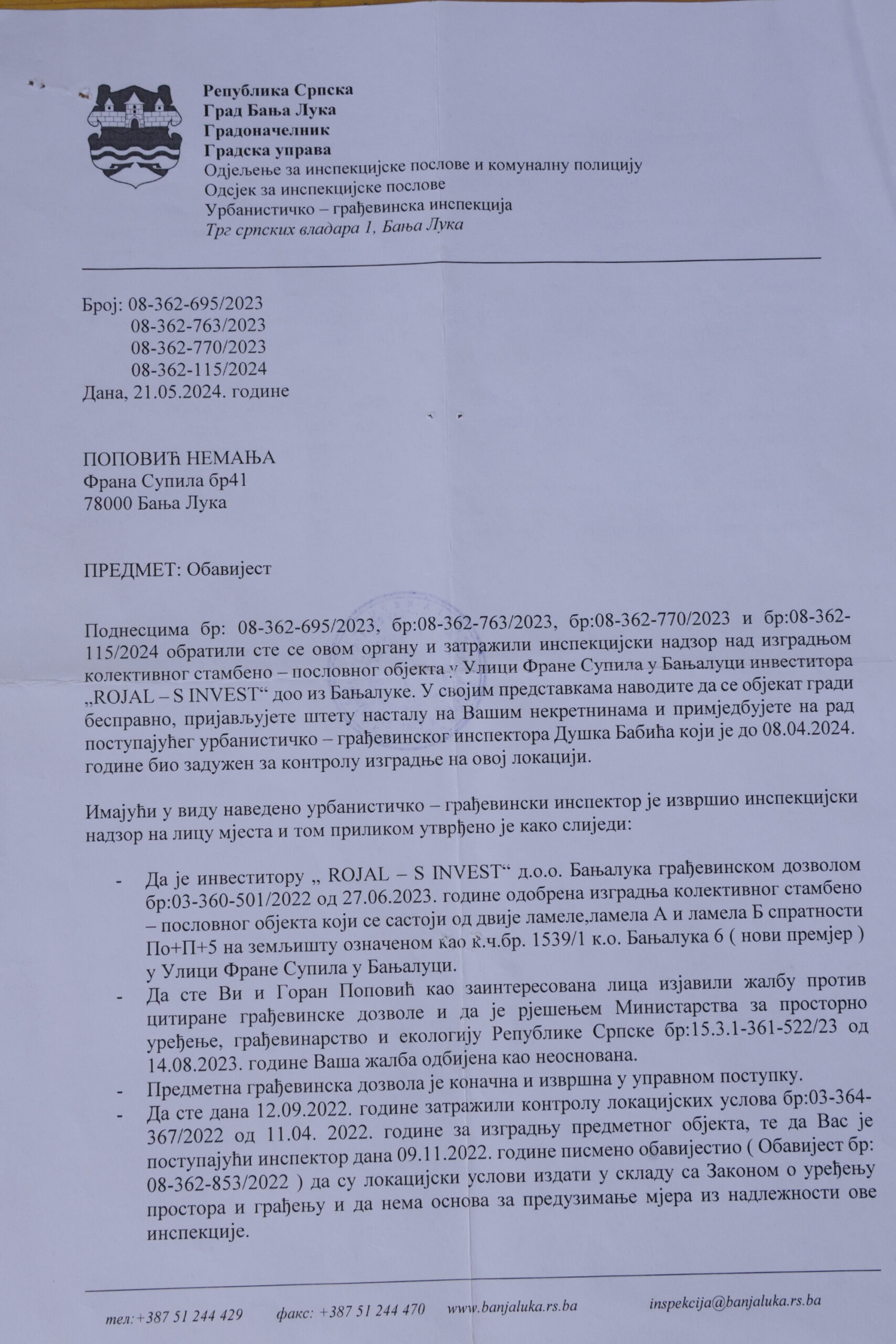 DOKUMENTI OKO SPORA U ULICI FRANE SUPILA 