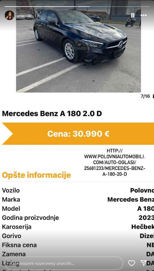 Ćerka Zdravka Čolića prodaje automobil na oglasima
