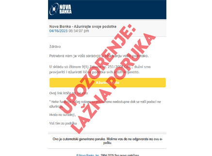Čuvajte svoje podatke: Nova Banka upozorava na pokušaj prevare putem lažnih imejl poruka
