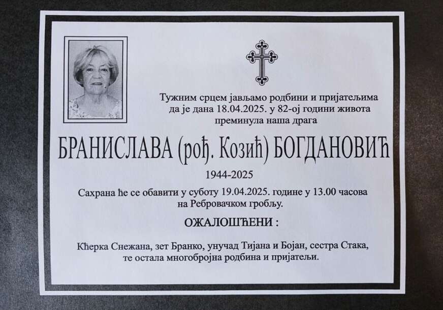 Umrla ugledna banjalučka privrednica: Branislava Bogdanović preminula u 82. godini, poznato kada će biti sahranjena