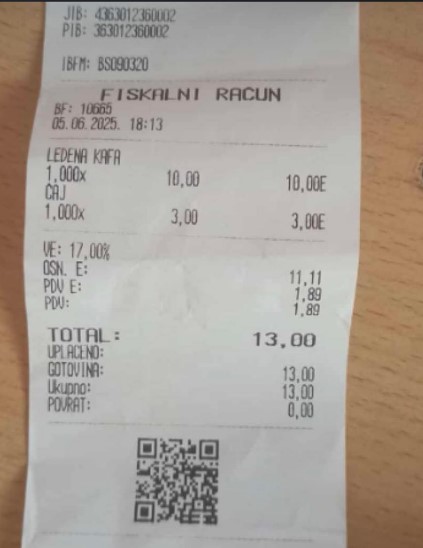 Račun za kafu i vodu
