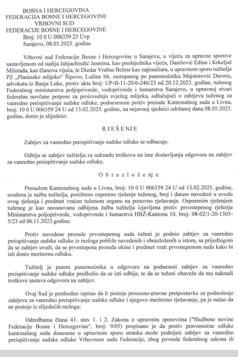 presuda ,  planinsko mlijeko šipovo