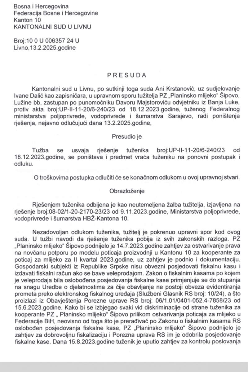 presuda ,  planinsko mlijeko šipovo