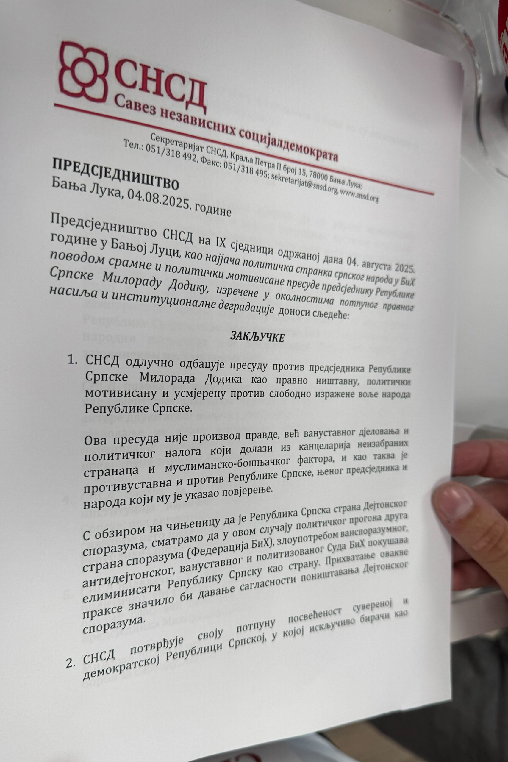 ZAKLJUČCI PREDSJEDNIŠTVA SNSD-A 