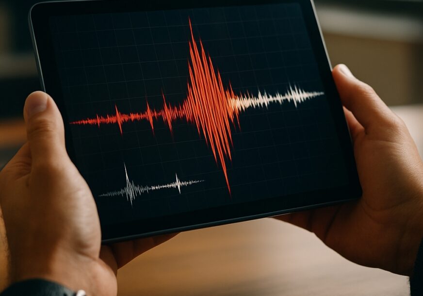 Tablet u rukama prikazuje jačinu potresa