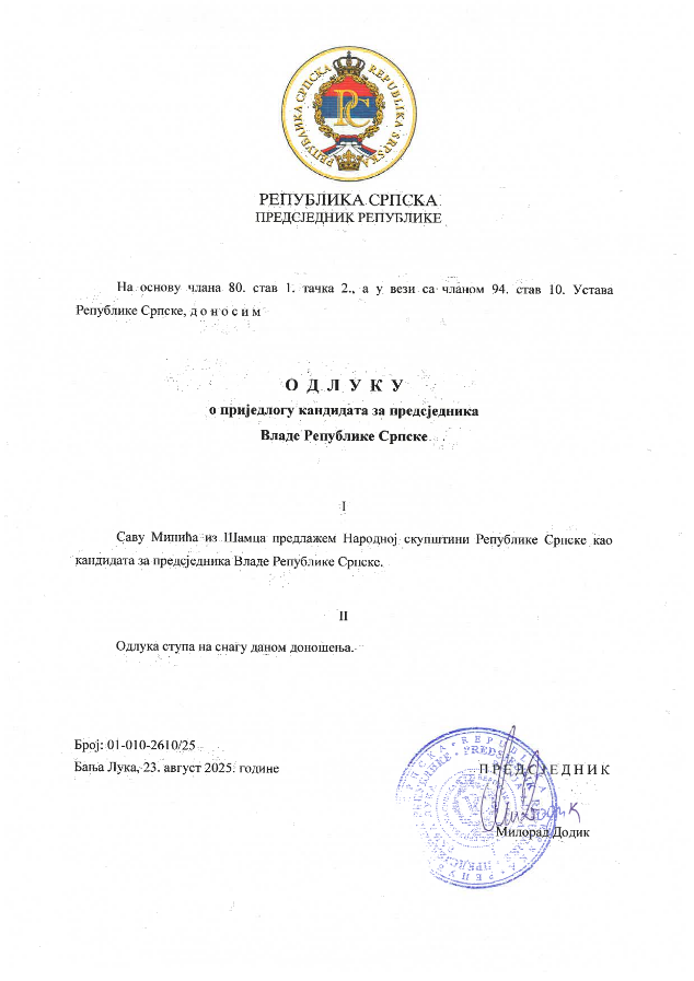 Dokument prijedlog od kandidatu za predsednika vlade RS