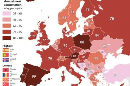 (FOTO) Karta konzumacije mesa u zemljama Evrope izazvala haos: Hrvatska u crvenom, a šta se dešava sa BiH?