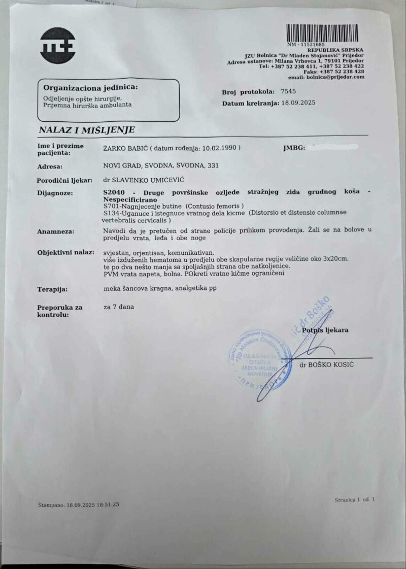 pretučen u policijskoj stanici Zarko Babic
