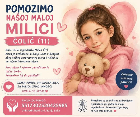 (FOTO) Milica bije životnu bitku u Beogradu: Humanitarna akcija za djevojčicu (11) iz Kotor Varoša