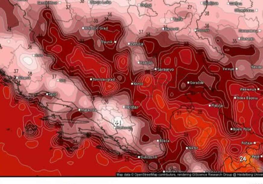 ČEKAJU NAS EKSTREMNE VRUĆINE Mapa BiH u CRVENOM, meteorolozi najavili 42 stepena u hladu, evo i kad